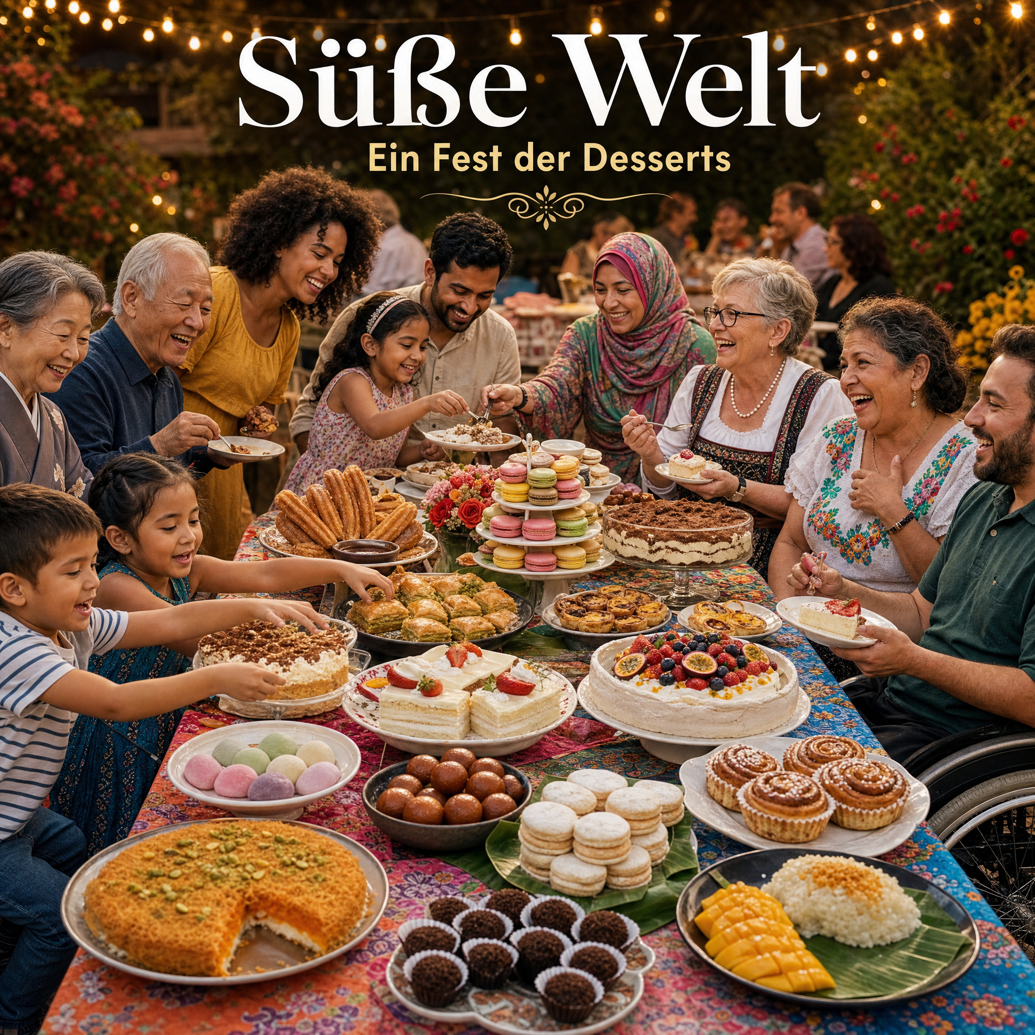 Menschen feiern gemeinsam an einer Tafel mit internationalen Desserts